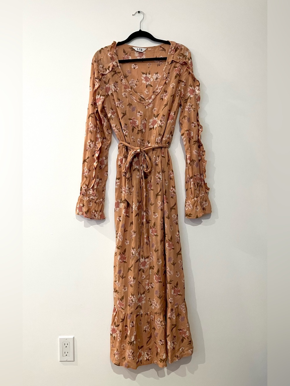LTS Long Tall Sally Floral V Neck Long Sleeve Orange Brown Pink Boho Maxi Dress